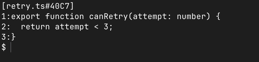 OMP returns the snapshot header retry.ts#40C7 and three numbered lines, including return attempt less than 3 on line 2.