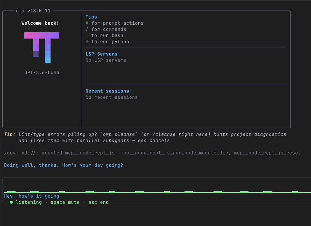 OMP 18.0.11 in live voice mode, with a green audio waveform, the transcript Hey, how's it going, and listening, space mute, and esc end controls.
